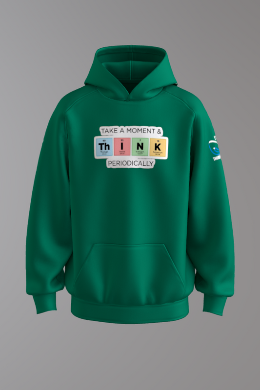 Green hoodie with a periodic table design on a gray background